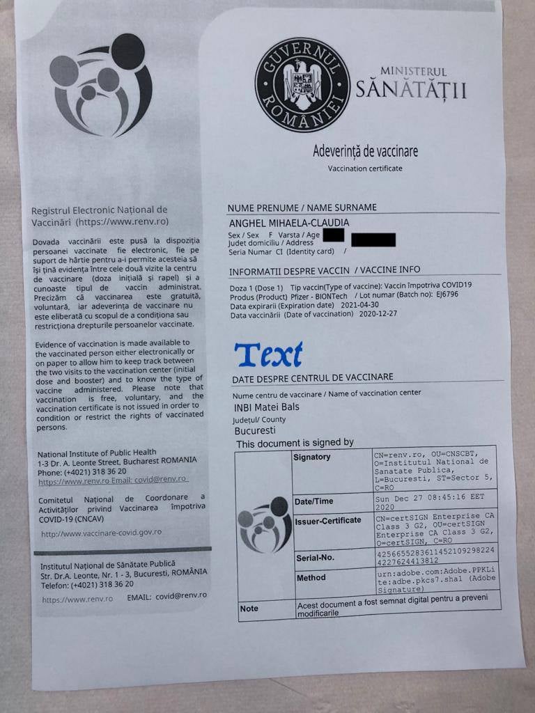 Adeverinta vaccinare